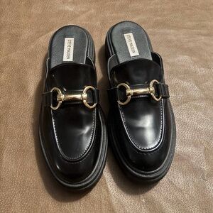NWOT Steve Madden Chunky Black Platform Loafers, Gold Horsebit Buckle, Size 6.5